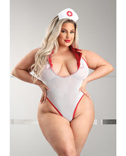 Load image into Gallery viewer, Play Pulse Check Collared Teddy W/open Back, Pleated Skirt, Medic Hat & Pasties Red/white