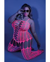 Load image into Gallery viewer, Glow Black Light Criss Cross Paneled Bodystocking Neon Pink QN