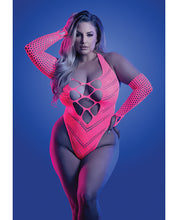 Load image into Gallery viewer, Glow in the Dark Flashback Black Light Reactive Rhinestone Teddy with Gloves – Neon Pink
