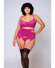 Load image into Gallery viewer, Soft Lace Bra, High Waist Satin & Mesh Garterbelt & G-string Fuchsia