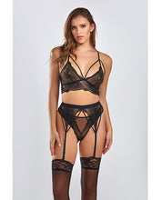 Load image into Gallery viewer, Everly Dot Mesh & Galloon Lace Strappy Bra, Garterbelt & Hipster Panty Black