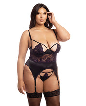 Load image into Gallery viewer, Demi Padded Shelf Cup Merrywidow W/overlay Lace & Panty Black/heliotrope