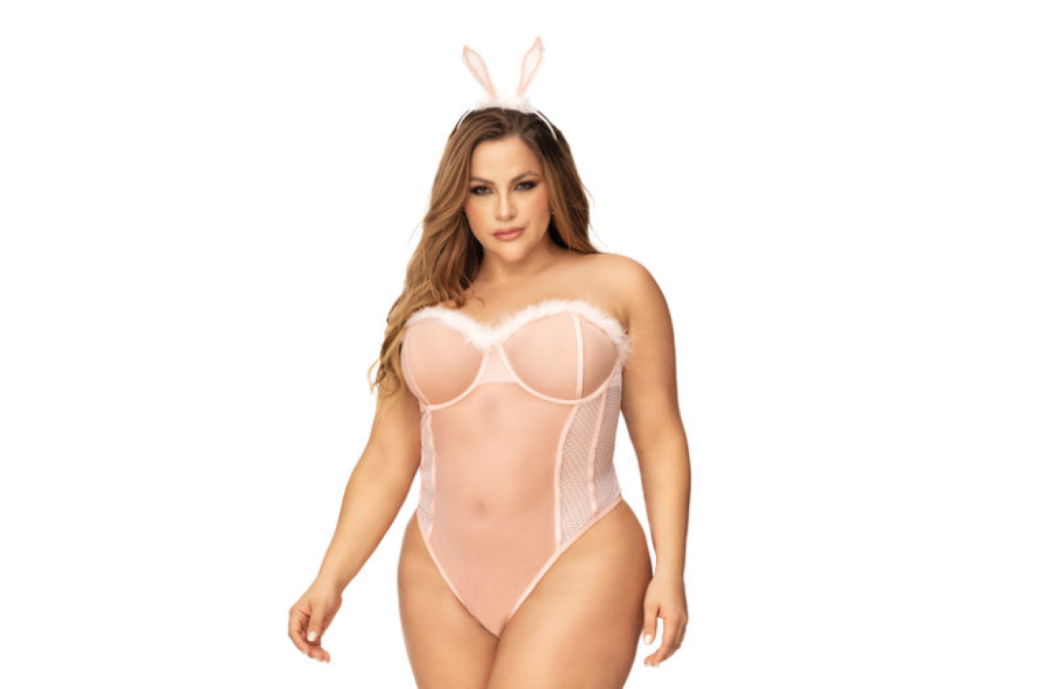 Pink bunny costume with feather neckline and matching headpiece