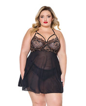 Load image into Gallery viewer, Lace and Mesh Underwire Babydoll w/Thong - Black/Rose Gold 1X/2X