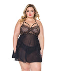 Lace and Mesh Underwire Babydoll w/Thong - Black/Rose Gold 1X/2X