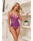 Metallic Stretch Lace & Mesh Teddy w/Detachable Panty - Purple