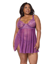 Load image into Gallery viewer, Metallic Stretch Lace &amp; Mesh Babydoll w/Thong - Purple 1X/2X