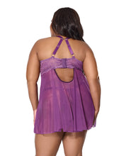 Load image into Gallery viewer, Metallic Stretch Lace &amp; Mesh Babydoll w/Thong - Purple 1X/2X