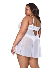 Load image into Gallery viewer, Scallop Stretch Lace &amp; Mesh Babydoll w/Thong - White 1X/2X