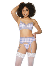 Load image into Gallery viewer, Crystal Pink Buffalo Check Print, Bra, Garter Belt &amp; String Grey/pink