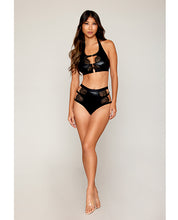 Load image into Gallery viewer, Stretch Faux Leather and Eyelash Lace Bralette w/High-Waisted Panty - Black