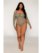 Load image into Gallery viewer, Long Sleeve Opaque and Fishnet Seamless Teddy w/Removable Halter Chain - Sage Green QN