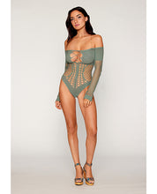 Load image into Gallery viewer, Long Sleeve Opaque and Fishnet Seamless Teddy w/Removable Halter Chain - Sage Green O/S