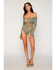 Long Sleeve Opaque and Fishnet Seamless Teddy w/Removable Halter Chain - Sage Green O/S