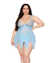 Load image into Gallery viewer, Floral Embroidered Lace and Stretch Mesh Babydoll w/G-String 2 pc Set - Arctic Blue 1X
