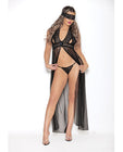 Euphoria Long Gown w/Peek A Boo Cups, Open Crotch Panty & Mask Black O/S