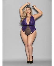 Load image into Gallery viewer, Euphoria Halter Lace &amp; Mesh Teddy w/Wrist Restraints Purple/Black QN