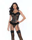 Marabou and Lace Boudoir Bustier w/G-String & Garters - Black