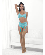 Load image into Gallery viewer, Lace &amp; Mesh Underwire Bra, Garterbelt &amp; G-string Malibu Blue
