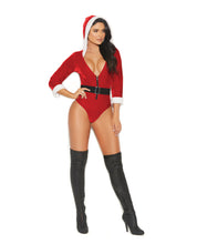 Load image into Gallery viewer, Santa&#39;s Tease Deep V Velvet Teddy w/Detachable Elastic Belt - Red/White