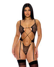 Load image into Gallery viewer, Pull My Strings Sheer Mesh Teddy w/Garters &amp; Faux Pearl Details - Black