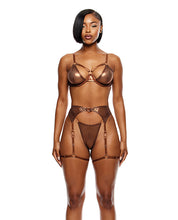 Load image into Gallery viewer, Liquid Metal Metallic Mesh Underwire Bra w/Garter Belt &amp; G-String 3 pc Set - Metallic Copper