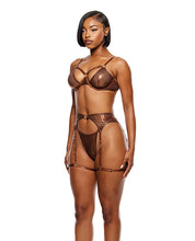 Load image into Gallery viewer, Liquid Metal Metallic Mesh Underwire Bra w/Garter Belt &amp; G-String 3 pc Set - Metallic Copper