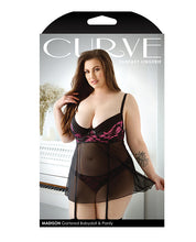 Load image into Gallery viewer, Curve Madison Soft Cup Babydoll W/garters &amp; Panty Black/pink