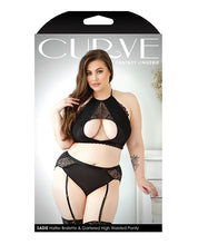 Load image into Gallery viewer, Curve Sadie Lace Overlay Keyhole Halter Top &amp; Gartered Panty Black