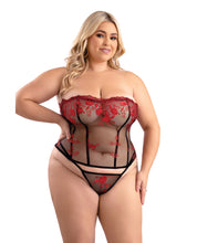 Load image into Gallery viewer, Floral Embroidered Mesh Corset w/G-String - Red/Black