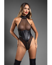Load image into Gallery viewer, Domina Sheer Mesh Halter Teddy w/Wet Look Cinch Waist &amp; Zipper Crotch - Black