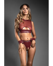 Load image into Gallery viewer, Domina Sheer Mesh &amp; Vegan Leather 3 pc Set w/Crotchless Panty &amp; Handcuffs - Burgundy