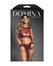 Load image into Gallery viewer, Domina Sheer Mesh &amp; Vegan Leather 3 pc Set w/Crotchless Panty &amp; Handcuffs - Burgundy