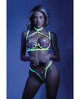 Glow Black Lingrie Set with Harness Bra, Leg Garterbelt & G-string