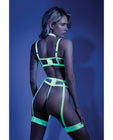 Glow Black Lingrie Set with Harness Bra, Leg Garterbelt & G-string