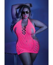 Load image into Gallery viewer, Glow Black Light Net Halter Dress Neon Pink QN