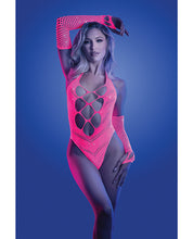 Load image into Gallery viewer, Glow Flashback Black Light Reactive Rhinestone Teddy w/Gloves (or Leg Warmers) - Neon Pink O/S
