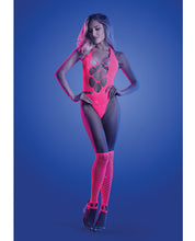Load image into Gallery viewer, Glow Flashback Black Light Reactive Rhinestone Teddy w/Gloves (or Leg Warmers) - Neon Pink O/S