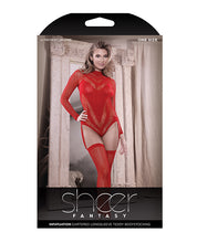 Load image into Gallery viewer, Sheer Infatuation Long Sleeve Teddy w/Attached Footless Stockings Red O/S