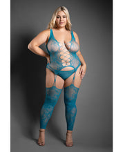Load image into Gallery viewer, Sheer Everlasting Lace Bodystocking w/Attached Stockings &amp; G-String 2 pc Set - Teal QN