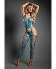 Sheer Everlasting Lace Bodystocking w/Attached Stockings & G-String 2 pc Set - Teal O/S