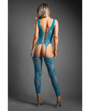 Load image into Gallery viewer, Sheer Everlasting Lace Bodystocking w/Attached Stockings &amp; G-String 2 pc Set - Teal O/S