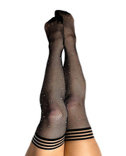 Load image into Gallery viewer, Kix&#39;ies Angelica Fishnet Rhinestone Thigh High Black D