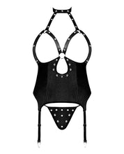 Load image into Gallery viewer, Lust Mistress Cupless Corset W/velcro Choker Collar, Metal Garters &amp; G-string Black
