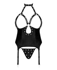Lust Mistress Cupless Corset W/velcro Choker Collar, Metal Garters & G-string Black