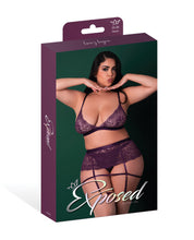 Load image into Gallery viewer, Leather &amp; Lace Stretch Mesh and Lace Bralette w/Garter &amp; Thong 3 pc Set - Plum 2X