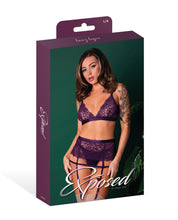 Load image into Gallery viewer, Leather &amp; Lace Stretch Mesh and Lace Bralette w/Garter &amp; Thong 3 pc Set - Plum
