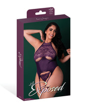 Load image into Gallery viewer, Leather &amp; Lace Stretch Mesh and Lace Underboob Cutout Corset &amp; Panty 2 pc Set - Plum 2X