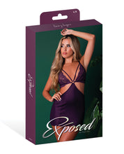 Load image into Gallery viewer, Leather &amp; Lace Stretch Mesh and Lace Chemise w/Thong 2 pc Set - Plum