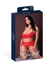 Load image into Gallery viewer, Sugar High Lace Bralette w/Garter Belt &amp; Strappy Panty 3 pc Set - Red 2X